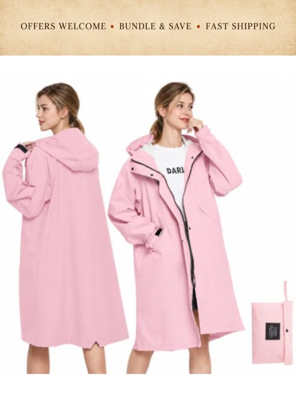 Long Waterproof Hooded Raincoat Lightweight Packable Rain Jacket